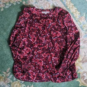 LOFT Women Shirt Size Medium Blouse Bloom Red Floral Long Sleeve Velvet Buttons